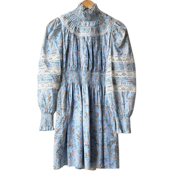 HUNTER BELL Blue Lace Smocked Neck Ryan Dress Ditsy Floral Sz XS - Picture 5 of 16